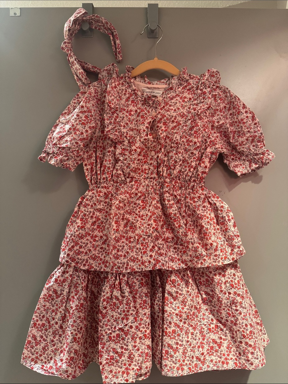Red Floral Tiered Dress with Ruffle Collar with matching headband